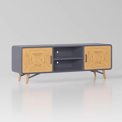 Modern Minimalist TV Stand With Gray Panel And Wooden Geometric Door Design 3d model