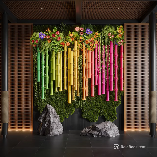 Indoor Landscape Design With Colorful Bamboo Greenery Moss Wall And Rocks 3d model 