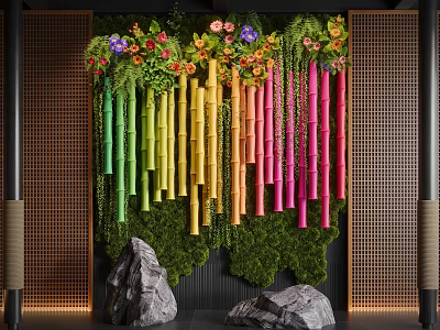 Indoor Landscape Design With Colorful Bamboo Greenery Moss Wall And Rocks 3d model