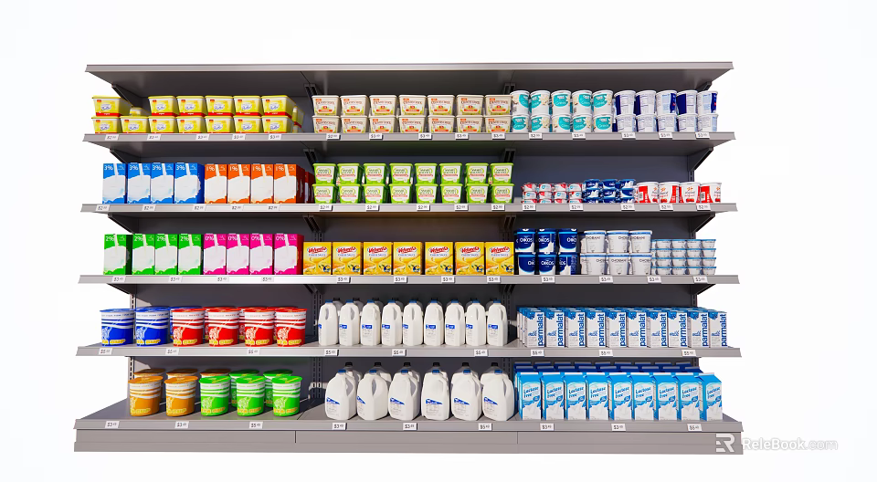 Shopping Mall Counter Displaying Various Dairy Products on Shelves with Colorful Packages 3d model 