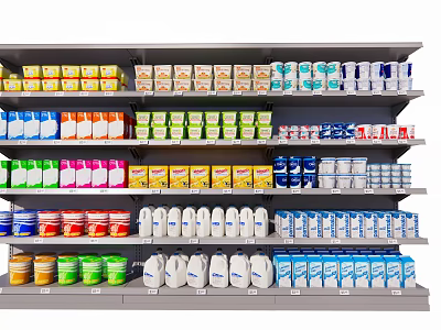Shopping Mall Counter Displaying Various Dairy Products on Shelves with Colorful Packages 3d model