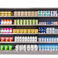 Shopping Mall Counter Displaying Various Dairy Products on Shelves with Colorful Packages
