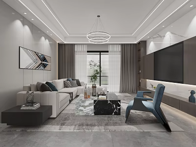 Modern Living and Dining Room Interior With Sofa Coffee Table And TV Wall 3d model
