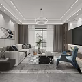 Modern Living and Dining Room Interior With Sofa Coffee Table And TV Wall