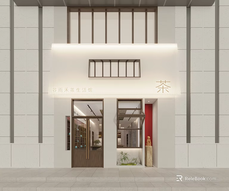 Modern Traditional Teahouse Facade With Wooden Doors Glass Windows And Decorative Tea Sign 3d model 