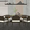 Modern Dining Table Set With Four Chairs Pendant Lights And Table Decor On Grey Wall 3d model