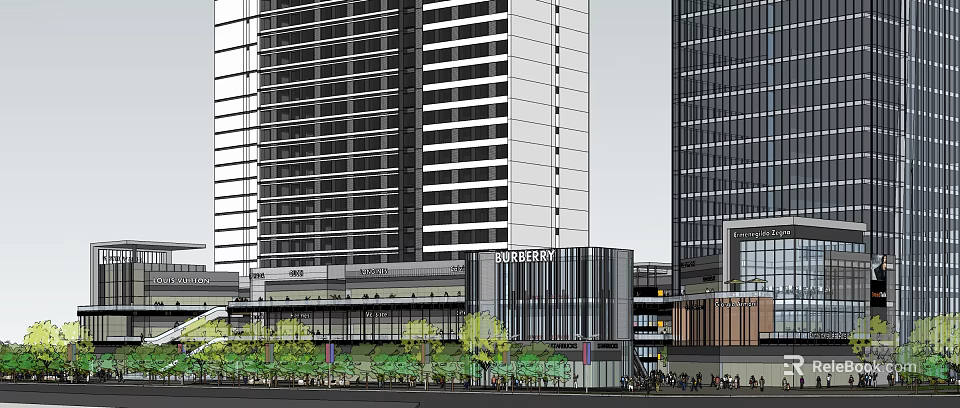 Modern High rise Office Building With Burberry Store Greenery And Pedestrians 3d model 