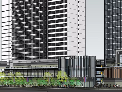 Modern High rise Office Building With Burberry Store Greenery And Pedestrians 3d model