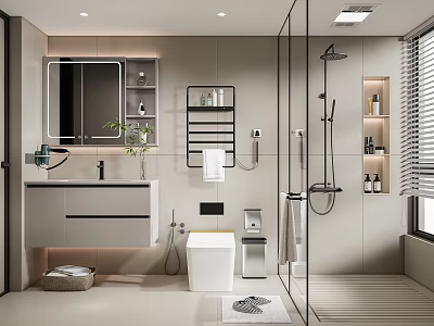 Modern Bathroom Interior Design With Vanity Mirror Glass Shower Toilet And Plants 3d model