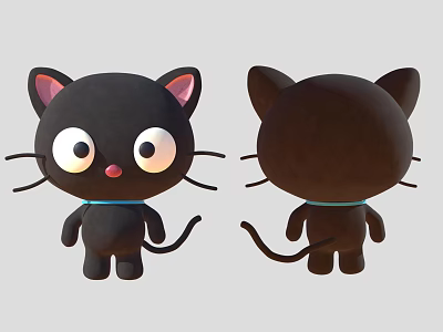 Black Cat Plush Doll Front and Back View with Big Eyes Pink Ears and Blue Collar 3d model
