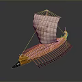 Ancient Wooden Galley Model With White Sail And Multiple Oars On 3d model