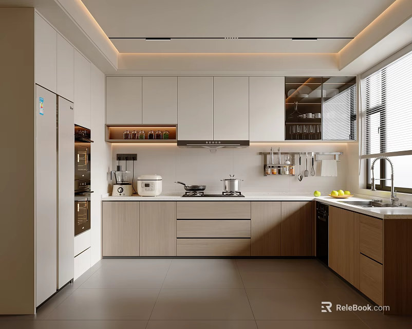 Modern Kitchen Interior With White And Wooden Cabinets Countertop Yellow Fruits And Appliances 3d model 