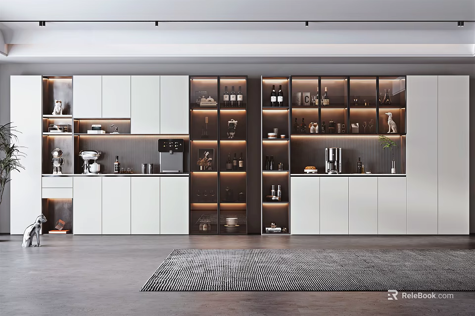 Modern Wine Cabinet With Illuminated Glass Doors Showcasing Wine Bottles and Glassware 3d model 