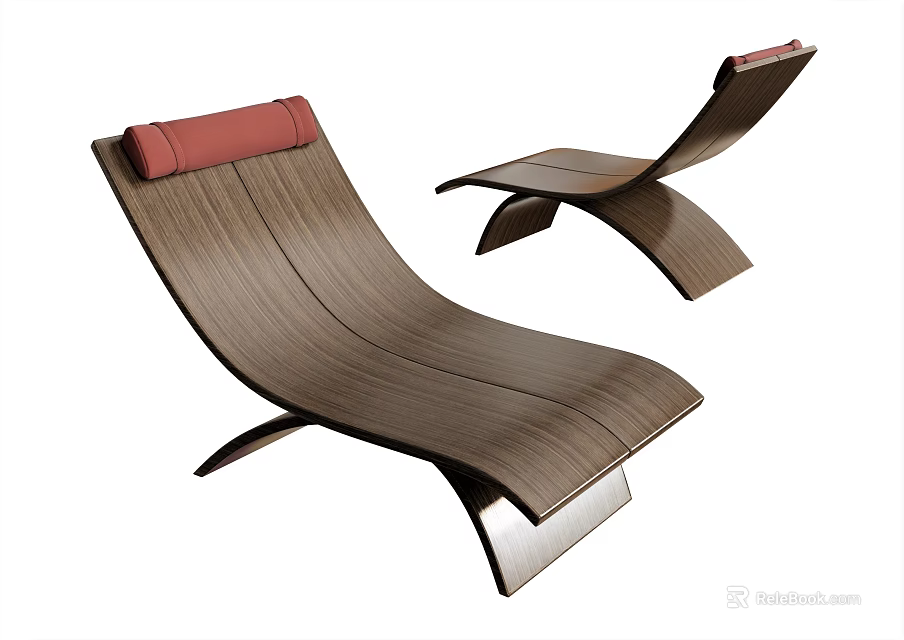 Modern Wooden Lounge Chair With Curved Frame And Red Cushion Design 3d model 