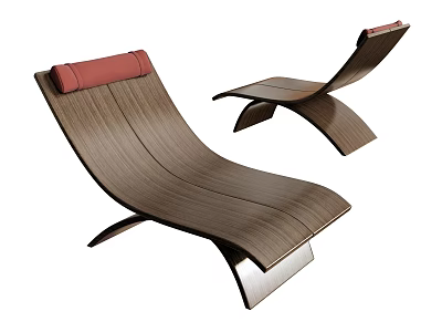 Modern Wooden Lounge Chair With Curved Frame And Red Cushion Design 3d model