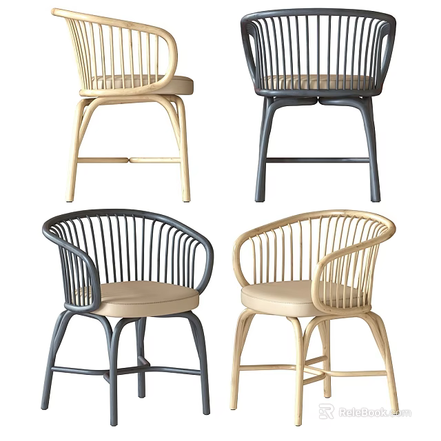 Stylish Wicker Back Dining Chairs Featuring Wooden Metal Frames And Beige Seat Cushions 3d model 