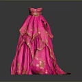 Man Wearing Pink Strapless Gown With Gold Patterns And Long Train On Gray Background