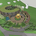 Circular Homestay Building Surrounded by Green Lawn and Trees With Central Courtyard and Water Feature
