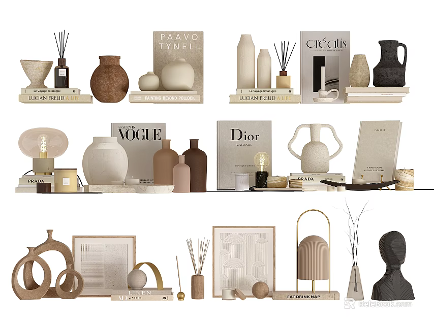 Modern Minimalist Decorative Ornament Set With Vases Diffusers Books Frames And Sculptures 3d model 