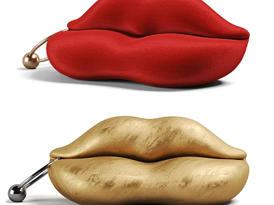 Red And Gold Lip Shaped Multi Person Sofa With Metal Ball Legs 3d model