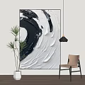 Abstract Black White Textured Painting With Thick Brushstrokes Green Plant And Beige Chair