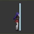 Purple Haired Girl in Black Top Standing Beside Blue Panel With Smoke Effect
