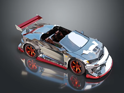 Silver Sporty Convertible Car With Red Rear Spoiler Red Wheels And Angular Design 3d model