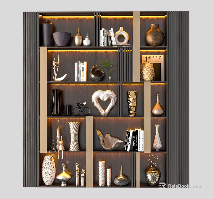 Elegant Antique Display Shelf With Decorative Vases Sculptures Books And Warm Lighting 3d model 