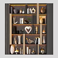 Elegant Antique Display Shelf With Decorative Vases Sculptures Books And Warm Lighting