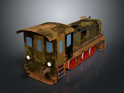 Rusted Vintage Green Train Model With Red Wheels And Old Metal Windows 3d model
