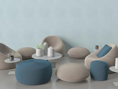 Abstract Shaped Sofa Interior With Multiple Light Beige Blue Seats Small Tables And Green Plants 3d model