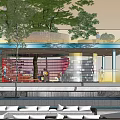 Modern Pergola With Glass Curtain Walls Surrounded By Trees Where People Gather In Urban Space
