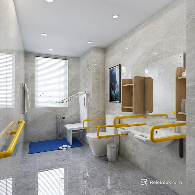 Modern Public Restroom Interior With Yellow Handrails White Toilet Sink Blue Mat And Marble Walls 3d model 