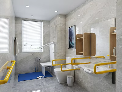 Modern Public Restroom Interior With Yellow Handrails White Toilet Sink Blue Mat And Marble Walls 3d model