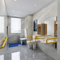 Modern Public Restroom Interior With Yellow Handrails White Toilet Sink Blue Mat And Marble Walls