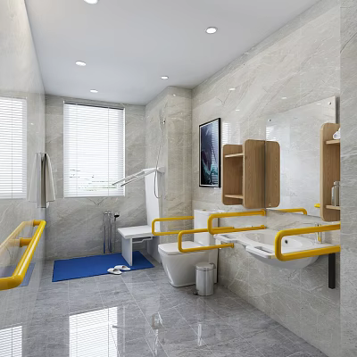 Modern Public Restroom Interior With Yellow Handrails White Toilet Sink Blue Mat And Marble Walls 3d model