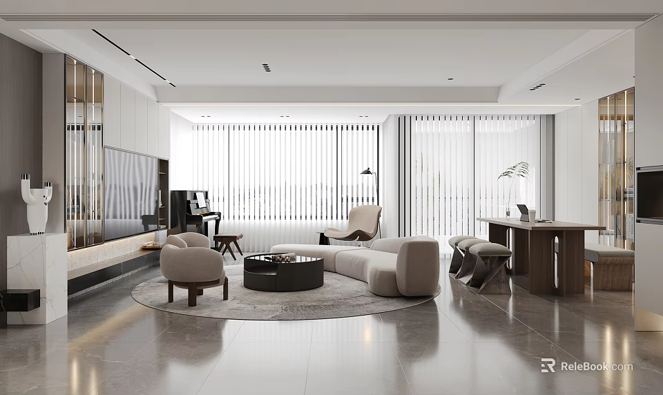 Modern Living Room Interior Design With Beige Sofa Round Coffee Table And Area Rug 3d model 
