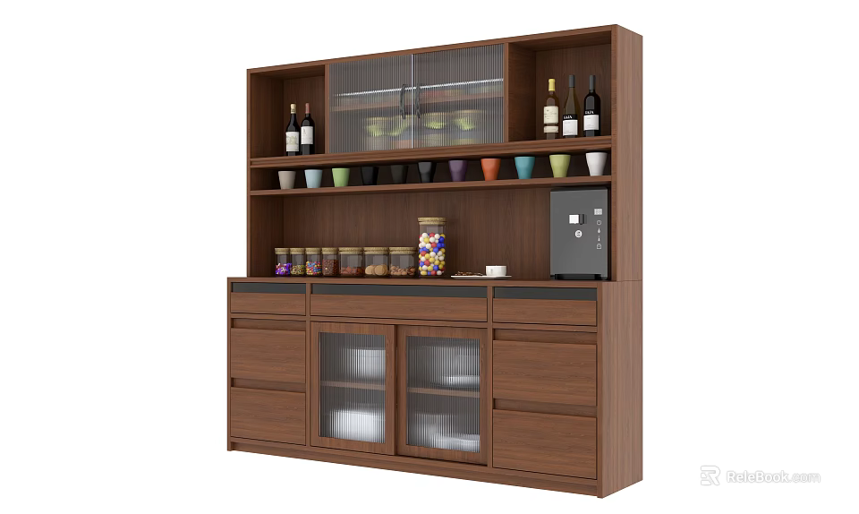 Wooden Sideboard with Glass Doors Shelves and Drawers Holding Wine Bottles Glasses Jars and Tableware 3d model 