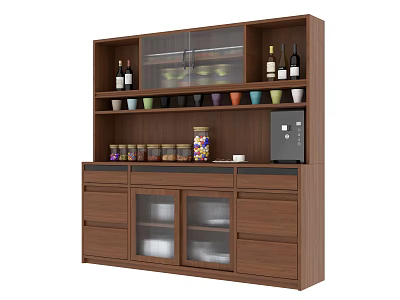 Wooden Sideboard with Glass Doors Shelves and Drawers Holding Wine Bottles Glasses Jars and Tableware 3d model