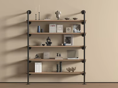 Industrial Style Four Tiered Shelving Unit with Wooden Shelves Metal Frame and Decorative Items 3d model