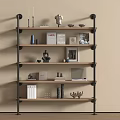 Industrial Style Four Tiered Shelving Unit with Wooden Shelves Metal Frame and Decorative Items