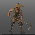 A Man In Traditional Clothing Wearing Straw Hat Holding Wooden Hoe