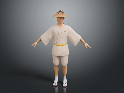 A Man Wearing Traditional Japanese Kimono Straw Hat Arms Outstretched Against Gray Background Geta Sandals 3d model