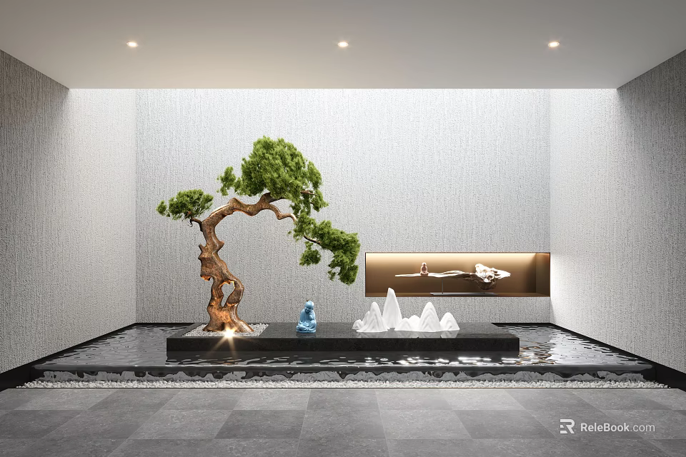 Chinese Style Garden Decor With Shaped Pine Tree Blue Ornament And Rockery 3d model 