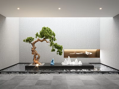 Chinese Style Garden Decor With Shaped Pine Tree Blue Ornament And Rockery 3d model