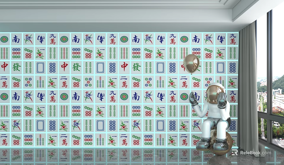 Vibrant Mahjong Pattern Background Wall With Astronaut On Sphere Decoration 3d model 