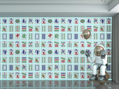 Vibrant Mahjong Pattern Background Wall With Astronaut On Sphere Decoration 3d model