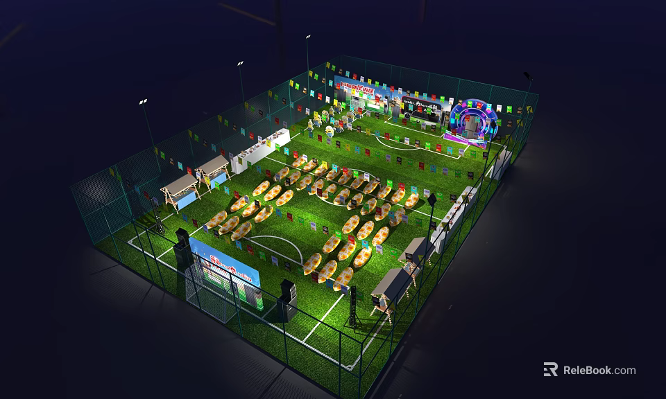Illuminated Football Field With Fenced Area Colorful Decorations And Event Tables Chairs 3d model 