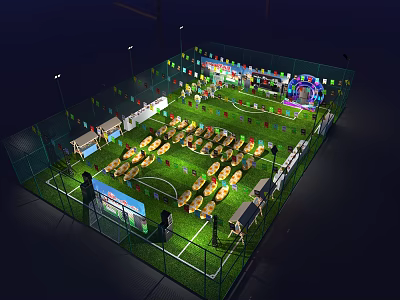 Illuminated Football Field With Fenced Area Colorful Decorations And Event Tables Chairs 3d model