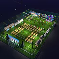 Illuminated Football Field With Fenced Area Colorful Decorations And Event Tables Chairs